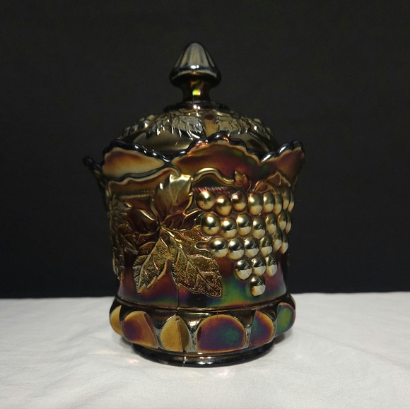 Northwood Grape & Cable Iridescent Amethyst Carnival Glass Lidded Canister Jar